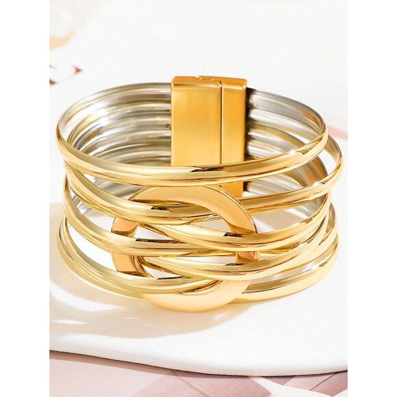 Gold Geometric Chic Cuff Bracelet w/ Gold Circle Accent & Magnetic Closure - Picture 2 of 3